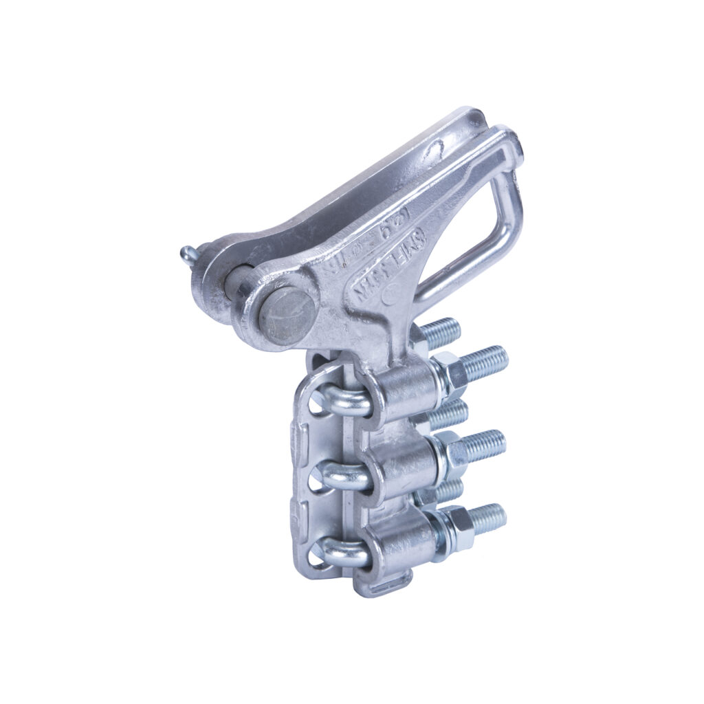 Strain clamps anchor and terminate conductors at mechanical stress