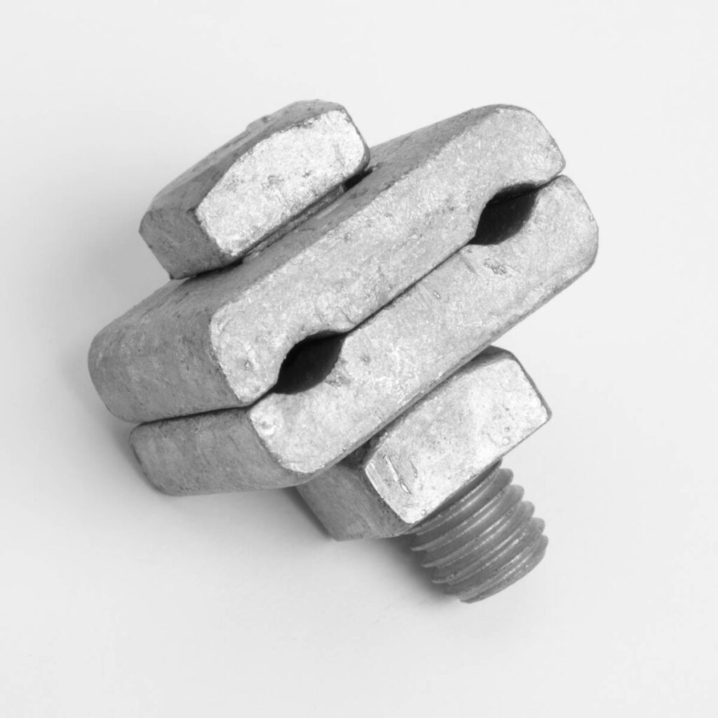 One bolt guy clamps secure guyed power poles